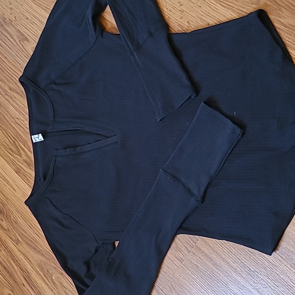 Free People Black Ribbed Long Sleeve V-Neck Top